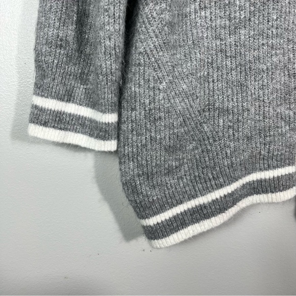 a new day Gray White Varsity Stripe Trim Fuzzy Eyelash Knit Button Down Cardigan - Picture 2 of 6